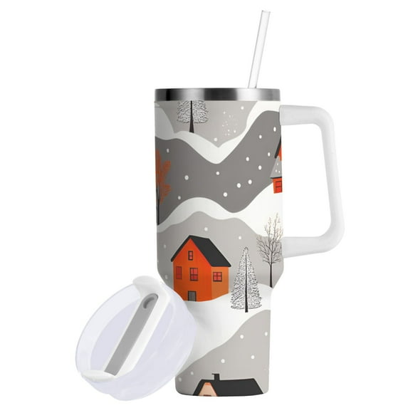 Yayeee 30oz Double-Wall Insulated Stainless Steel Tumbler with Handle Bottle, Snow Cartoon Houses