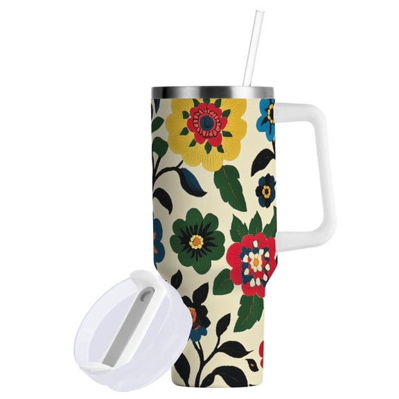 Yayeee 30oz Stainless Steel Tumbler with Straw and Handle Double-Wall Insulated Travel Water Bottle, Vibrant Floral