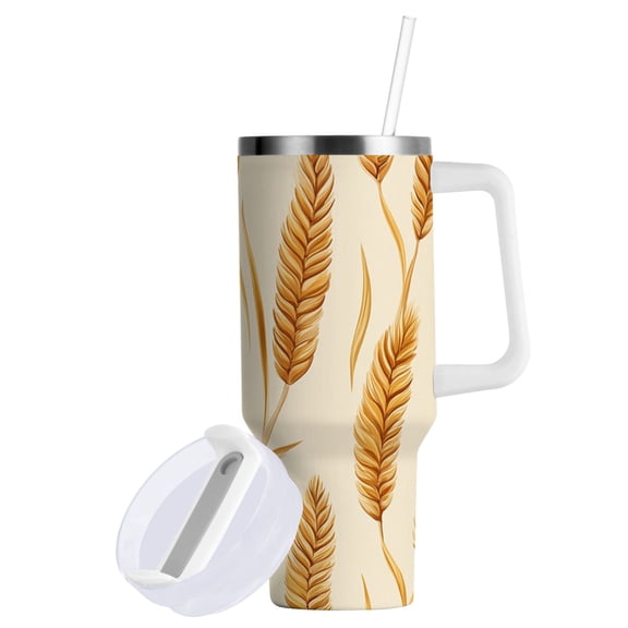 Yayeee 30oz Stainless Steel Tumbler with Straw and Handle Double-Wall Insulated Travel Water Bottle, Wheat Ears Pattern
