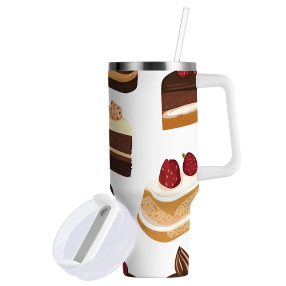 Yayeee 30oz Stainless Steel Tumbler with Straw and Handle Double-Wall Insulated Travel Water Bottle, White Cakes Pattern