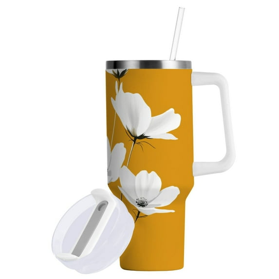 Yayeee 30oz Double-Wall Insulated Stainless Steel Tumbler with Handle Bottle, White Flowers