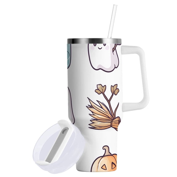 Yayeee 30oz Double-Wall Insulated Stainless Steel Tumbler with Handle Bottle, White Halloween Ghost