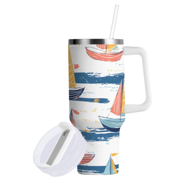 Yayeee 30oz Stainless Steel Tumbler with Straw and Handle Double-Wall Insulated Travel Water Bottle, White Hand Drawn Sailboats