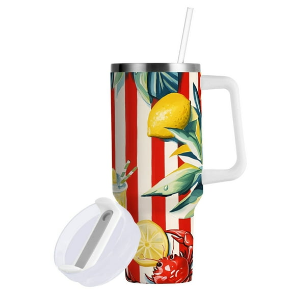 Yayeee 30oz Double-Wall Insulated Stainless Steel Tumbler with Handle Bottle, White Striped Lemon