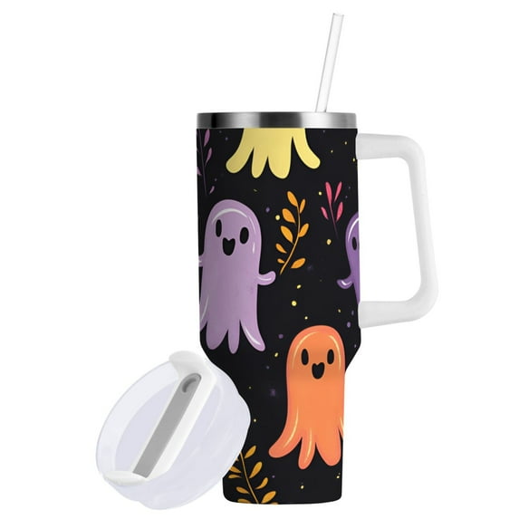 Yayeee 30oz Double-Wall Insulated Stainless Steel Tumbler with Handle Bottle, Yellow Halloween Ghosts