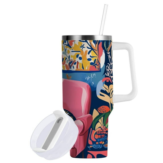 Yayeee 40oz Double-Wall Insulated Stainless Steel Tumbler with Handle Bottle, Art Cat