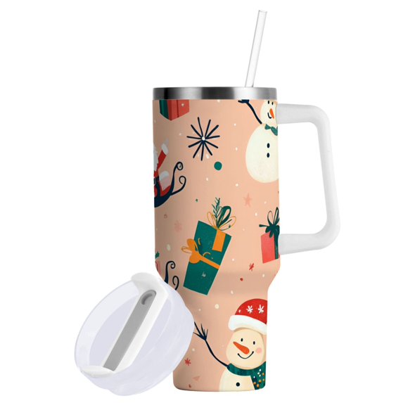 Yayeee 40oz Double-Wall Insulated Stainless Steel Tumbler with Handle Bottle, Beige Christmas Snowman
