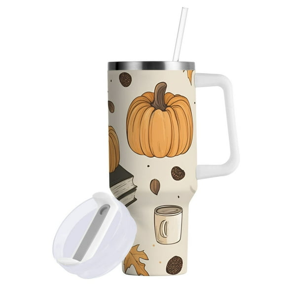 Yayeee 40oz Double-Wall Insulated Stainless Steel Tumbler with Handle Bottle, Beige Fall Books