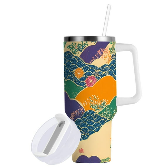 Yayeee 40oz Double-Wall Insulated Stainless Steel Tumbler with Handle Bottle, Beige Floral Wave