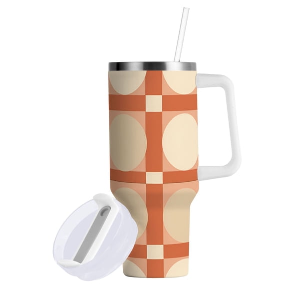Yayeee 40oz Stainless Steel Tumbler with Straw and Handle Double-Wall Insulated Travel Water Bottle, Beige Geometric