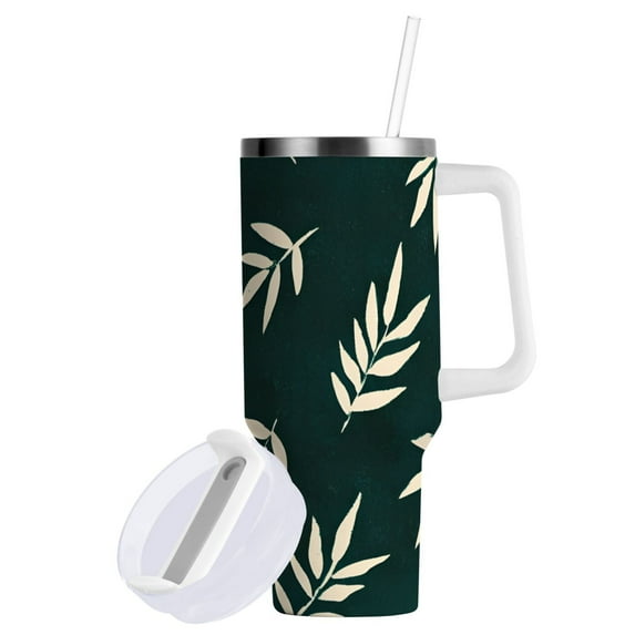 Yayeee 40oz Double-Wall Insulated Stainless Steel Tumbler with Handle Bottle, Beige Leaves