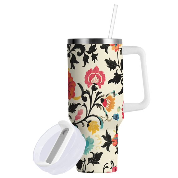 Yayeee 40oz Double-Wall Insulated Stainless Steel Tumbler with Handle Bottle, Beige Red Floral