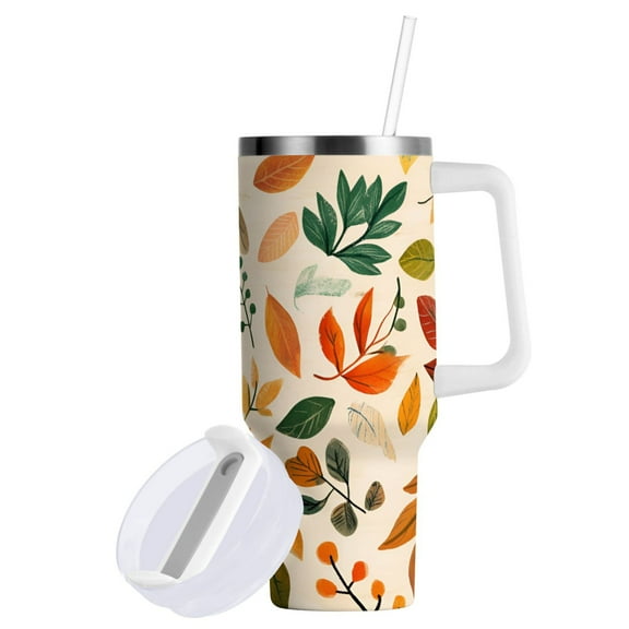 Yayeee 40oz Double-Wall Insulated Stainless Steel Tumbler with Handle Bottle, Beige Retro Leaves