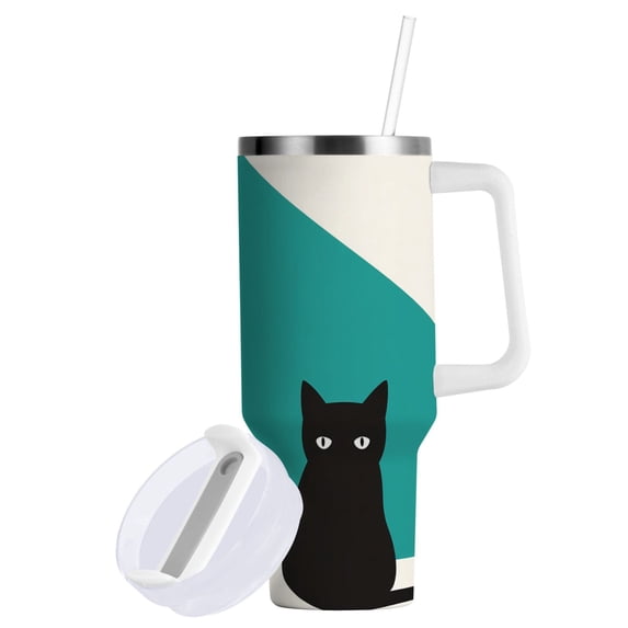 Yayeee 40oz Double-Wall Insulated Stainless Steel Tumbler with Handle Bottle, Black Cat and Coffee