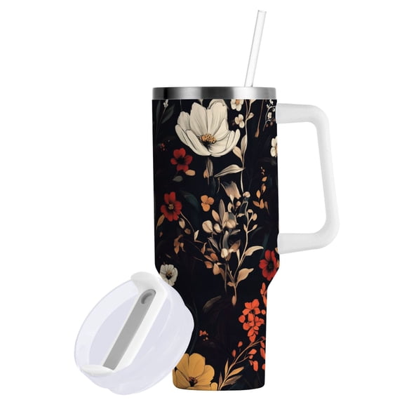 Yayeee 40oz Stainless Steel Tumbler with Straw and Handle Double-Wall Insulated Travel Water Bottle, Black Floral Pattern
