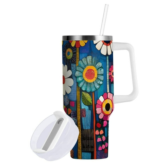 Yayeee 40oz Double-Wall Insulated Stainless Steel Tumbler with Handle Bottle, Blue Colorful Flowers