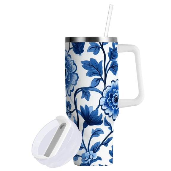 Yayeee 40oz Stainless Steel Tumbler with Straw and Handle Double-Wall Insulated Travel Water Bottle, Blue Floral Pattern