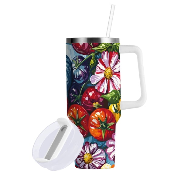 Yayeee 40oz Stainless Steel Tumbler with Straw and Handle Double-Wall Insulated Travel Water Bottle, Blue Floral Tomatoes