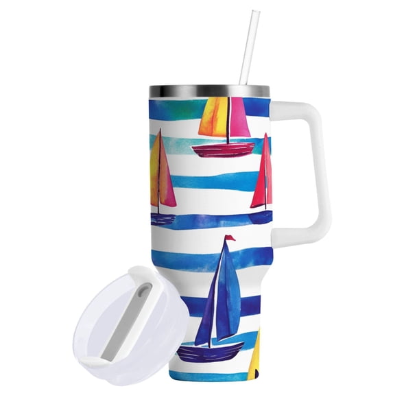 Yayeee 40oz Double-Wall Insulated Stainless Steel Tumbler with Handle Bottle, Blue Hand Drawn Sailboats