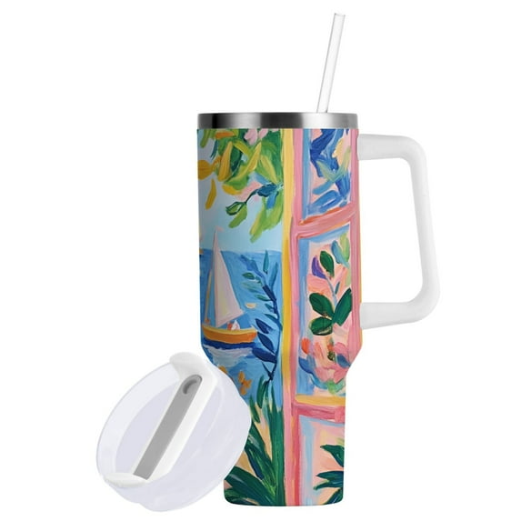 Yayeee 40oz Double-Wall Insulated Stainless Steel Tumbler with Handle Bottle, Blue Seaside