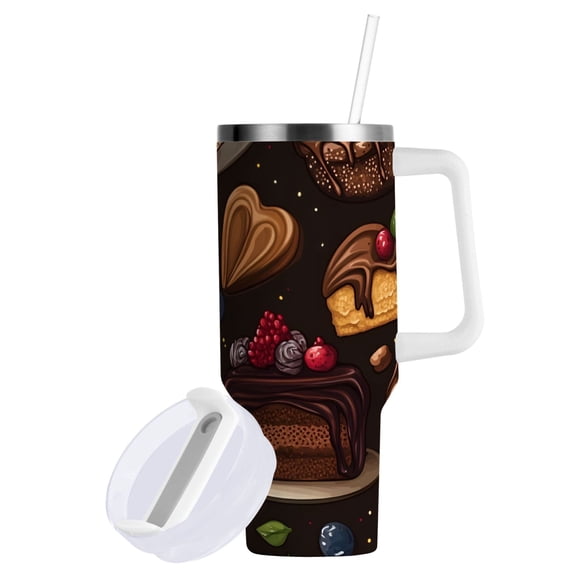 Yayeee 40oz Stainless Steel Tumbler with Straw and Handle Double-Wall Insulated Travel Water Bottle, Chocolate Cakes