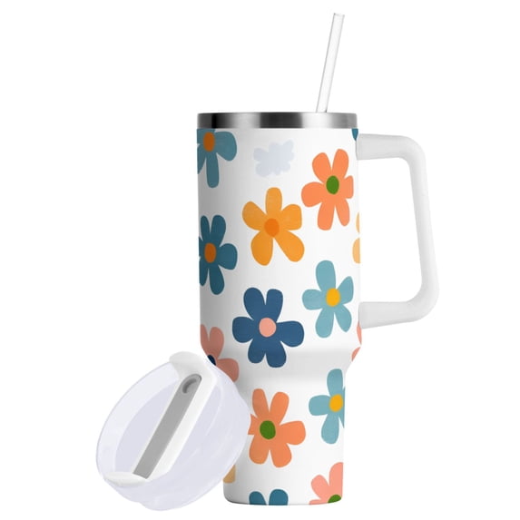 Yayeee 40oz Double-Wall Insulated Stainless Steel Tumbler with Handle Bottle, Colorful Flowers
