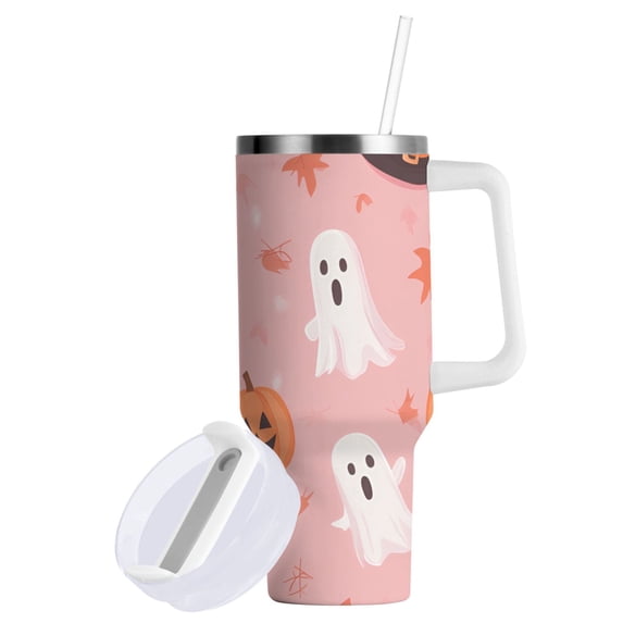 Yayeee 40oz Double-Wall Insulated Stainless Steel Tumbler with Handle Bottle, Cute Pink Halloween