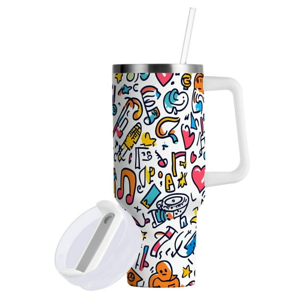 Yayeee 40oz Double-Wall Insulated Stainless Steel Tumbler with Handle Bottle, Doodle Pattern