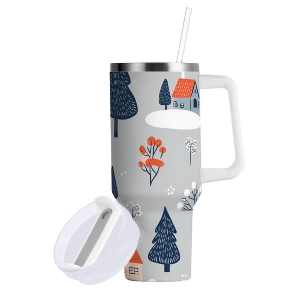 Yayeee 40oz Double-Wall Insulated Stainless Steel Tumbler with Handle Bottle, Gray Cartoon Houses