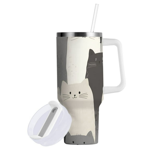 Yayeee 40oz Double-Wall Insulated Stainless Steel Tumbler with Handle Bottle, Gray Cute Cats