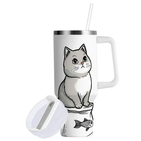 Yayeee 40oz Double-Wall Insulated Stainless Steel Tumbler with Handle Bottle, Gray Cute Chubby Cat