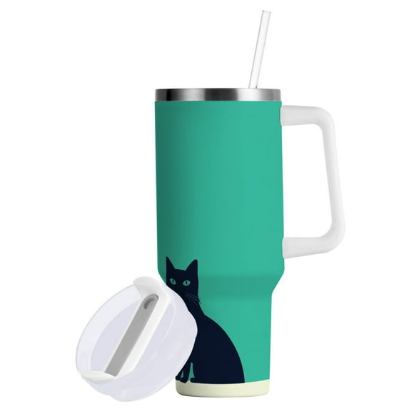 Yayeee 40oz Double-Wall Insulated Stainless Steel Tumbler with Handle Bottle, Green Cat