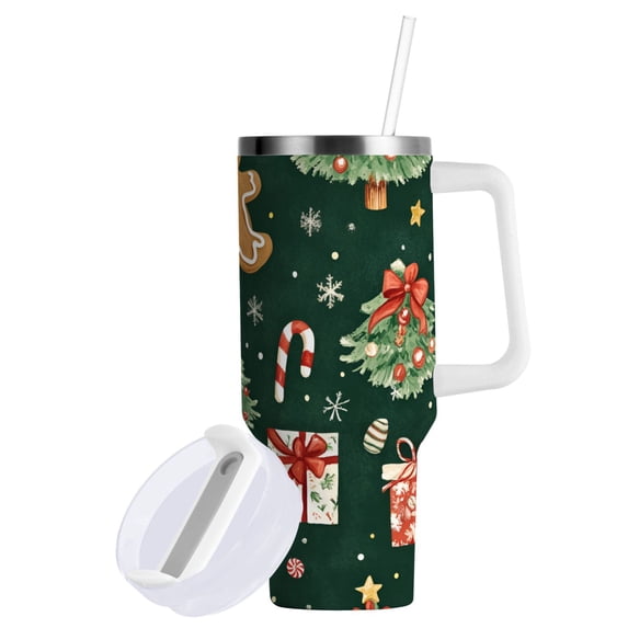 Yayeee 40oz Stainless Steel Tumbler with Straw and Handle Double-Wall Insulated Travel Water Bottle, Green Christmas Trees
