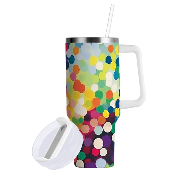 Yayeee 40oz Stainless Steel Tumbler with Straw and Handle Double-Wall Insulated Travel Water Bottle, Green Colorful Circles