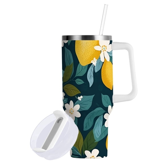 Yayeee 40oz Stainless Steel Tumbler with Straw and Handle Double-Wall Insulated Travel Water Bottle, Green Lemon Leaves