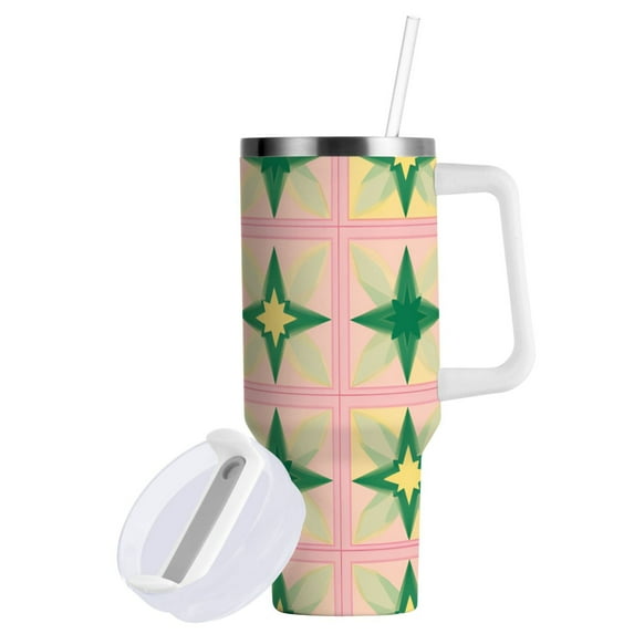 Yayeee 40oz Double-Wall Insulated Stainless Steel Tumbler with Handle Bottle, Green Symmetrical Stars
