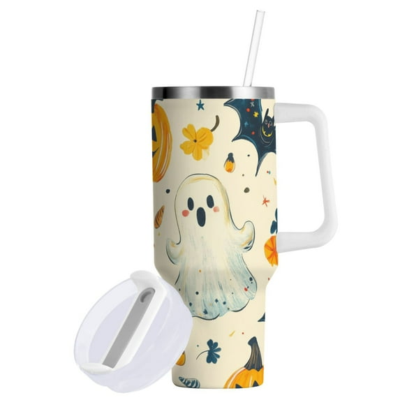 Yayeee 40oz Double-Wall Insulated Stainless Steel Tumbler with Handle Bottle, Halloween Cute Ghosts
