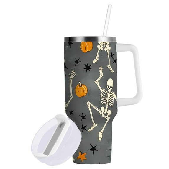 Yayeee 40oz Double-Wall Insulated Stainless Steel Tumbler with Handle Bottle, Halloween Dancing Skeleton