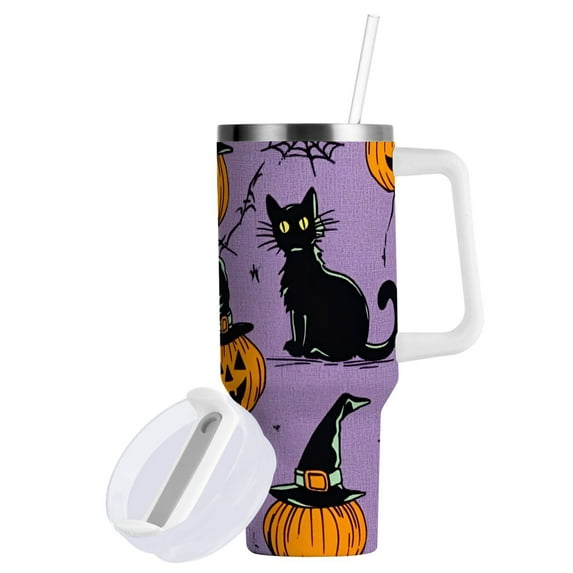 Yayeee 40oz Double-Wall Insulated Stainless Steel Tumbler with Handle Bottle, Halloween Pumpkin
