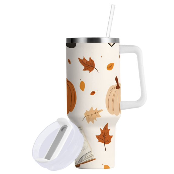 Yayeee 40oz Stainless Steel Tumbler with Straw and Handle Double-Wall Insulated Travel Water Bottle, Hand Drawn Pumpkin