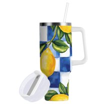 Yayeee 40oz Double-Wall Insulated Stainless Steel Tumbler with Handle Bottle, Lemon Checkered