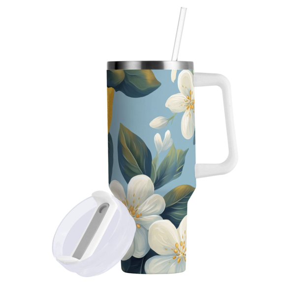 Yayeee 40oz Double-Wall Insulated Stainless Steel Tumbler with Handle Bottle, Lemon Pattern