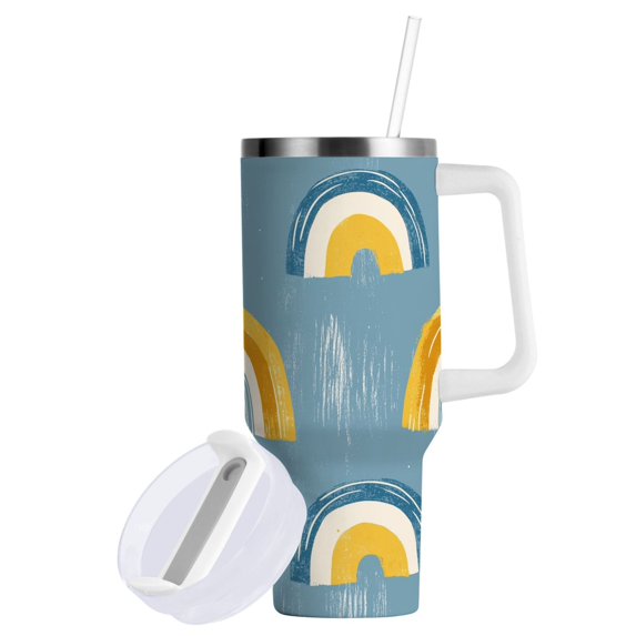 Yayeee 40oz Double-Wall Insulated Stainless Steel Tumbler with Handle Bottle, Light Blue Rainbow