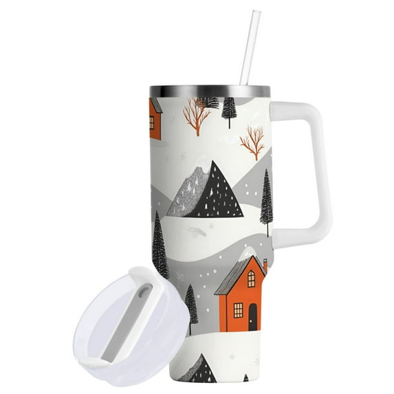 Yayeee 40oz Double-Wall Insulated Stainless Steel Tumbler with Handle Bottle, Orange Cartoon Houses