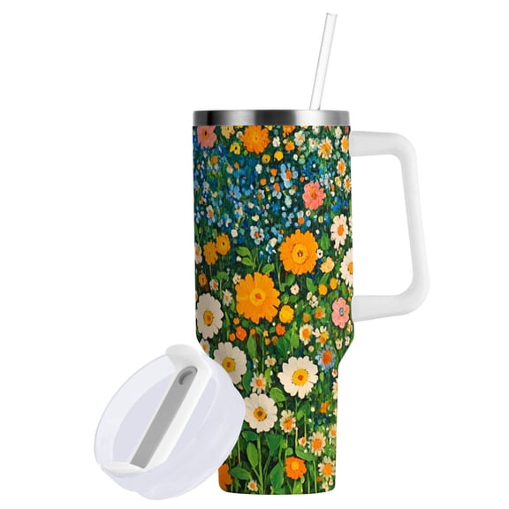 Yayeee 40oz Stainless Steel Tumbler with Straw and Handle Double-Wall Insulated Travel Water Bottle, Orange Floral Garden