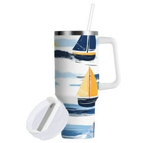 Yayeee 40oz Double-Wall Insulated Stainless Steel Tumbler with Handle Bottle, Orange Hand Drawn Sailboats
