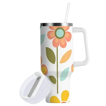 Yayeee 40oz Stainless Steel Tumbler with Handle Double Insulated Bottle, Orange Retro Flower