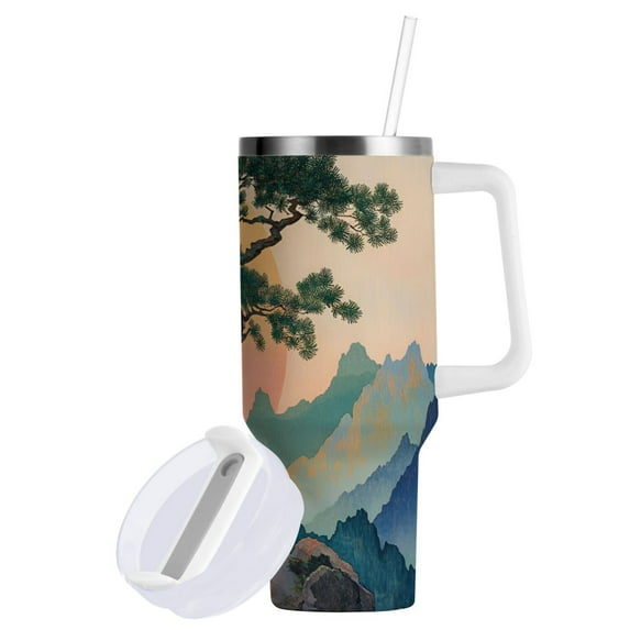 Yayeee 40oz Double-Wall Insulated Stainless Steel Tumbler with Handle Bottle, Pine Tree at Dawn