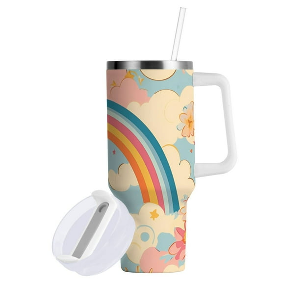 Yayeee 40oz Double-Wall Insulated Stainless Steel Tumbler with Handle Bottle, Pink Retro Sun