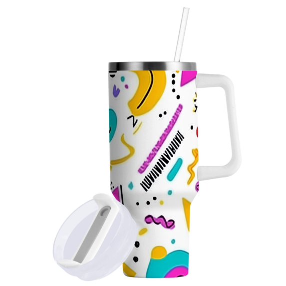 Yayeee 40oz Stainless Steel Tumbler with Straw and Handle Double-Wall Insulated Travel Water Bottle, Purple Abstract Shapes